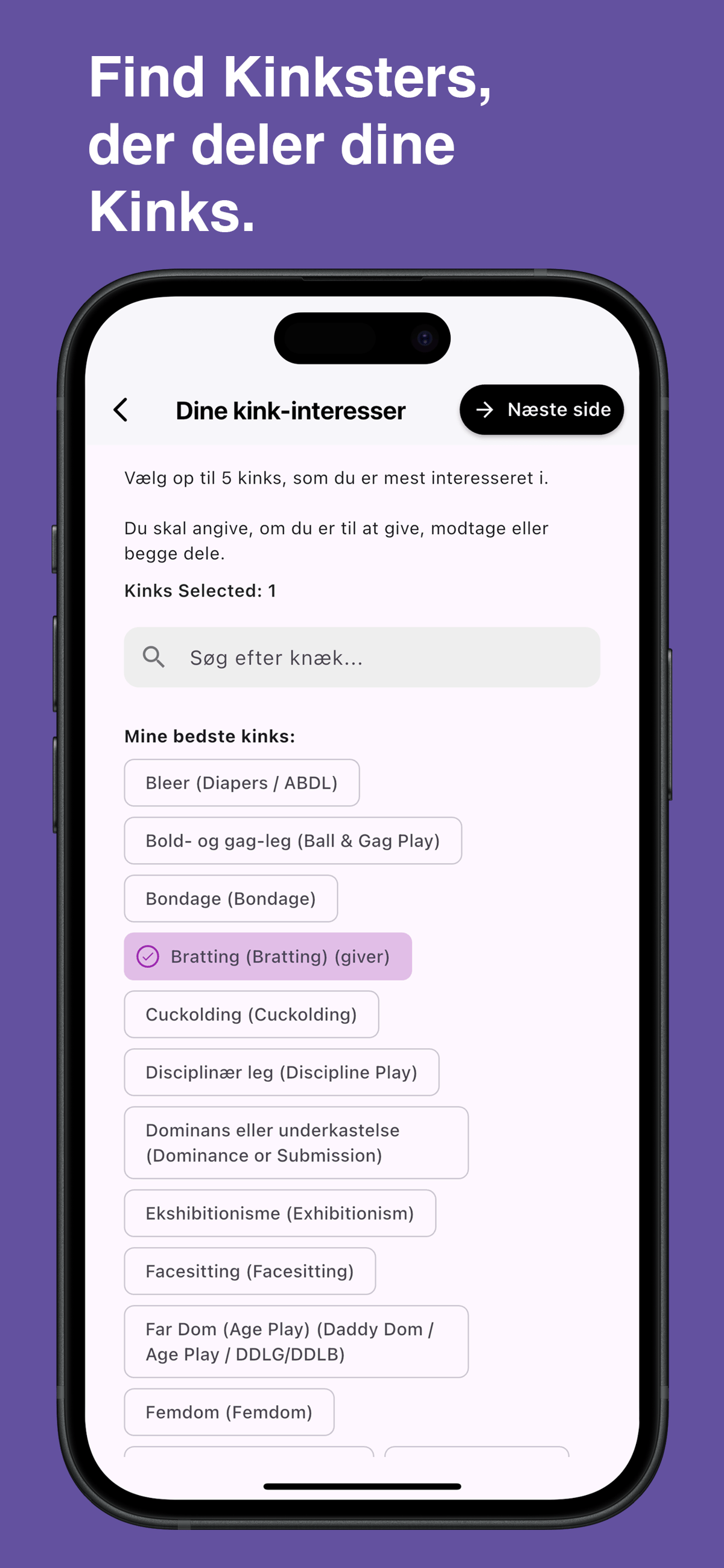 Browse and choose specific kinks in the Kinksy app
