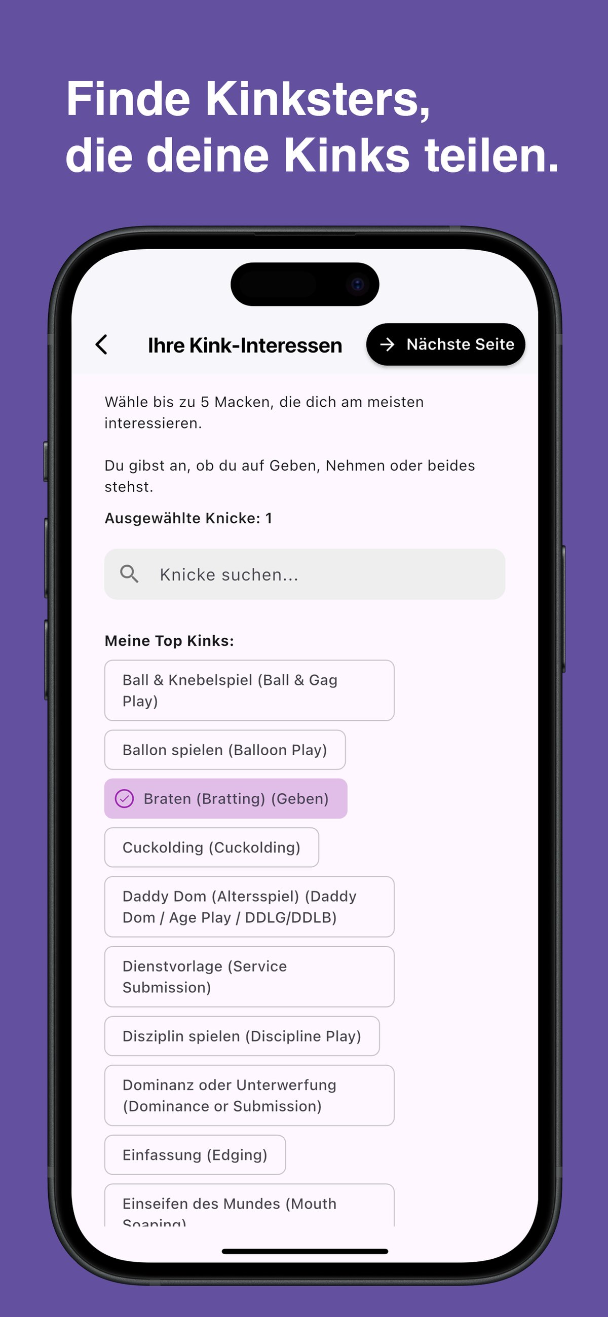 Browse and choose specific kinks in the Kinksy app