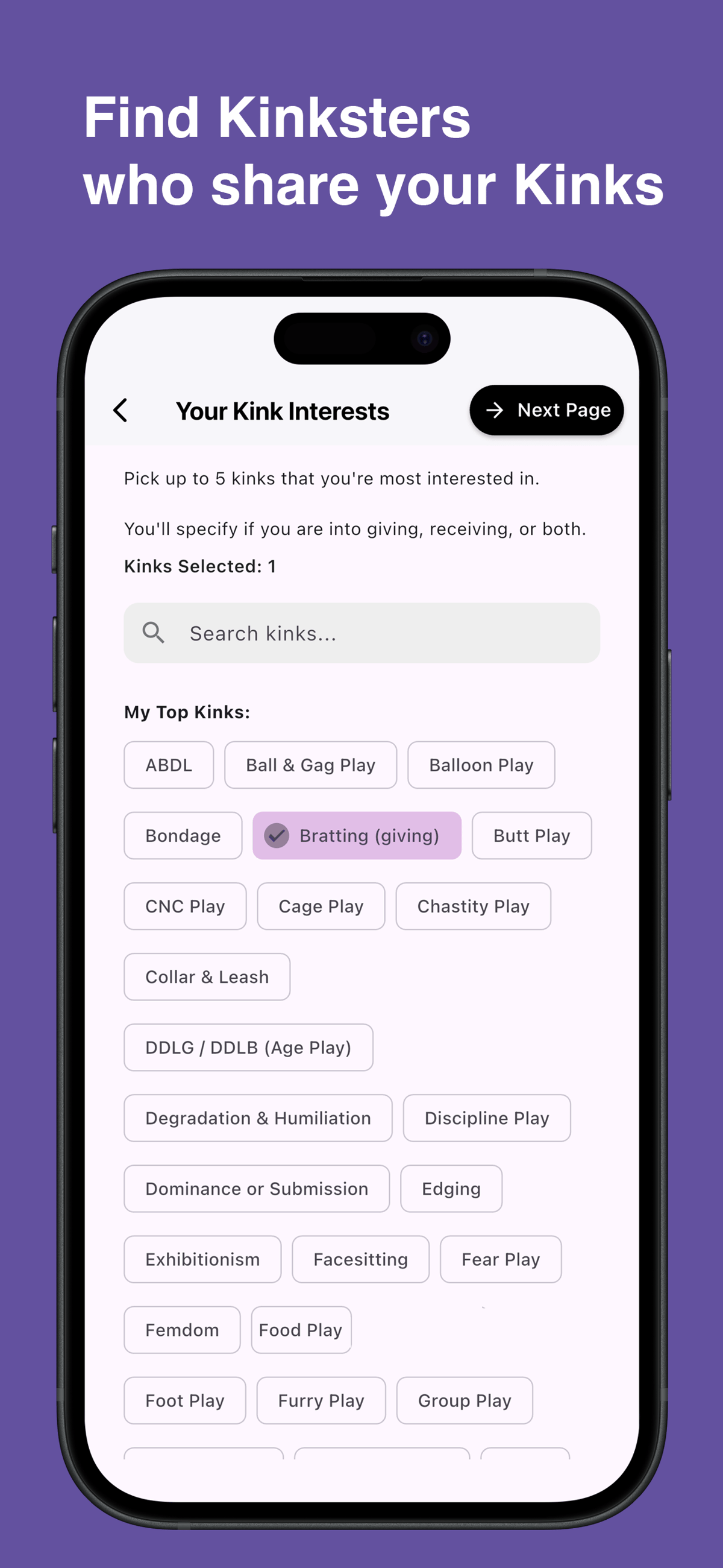 Browse and choose specific kinks in the Kinksy app