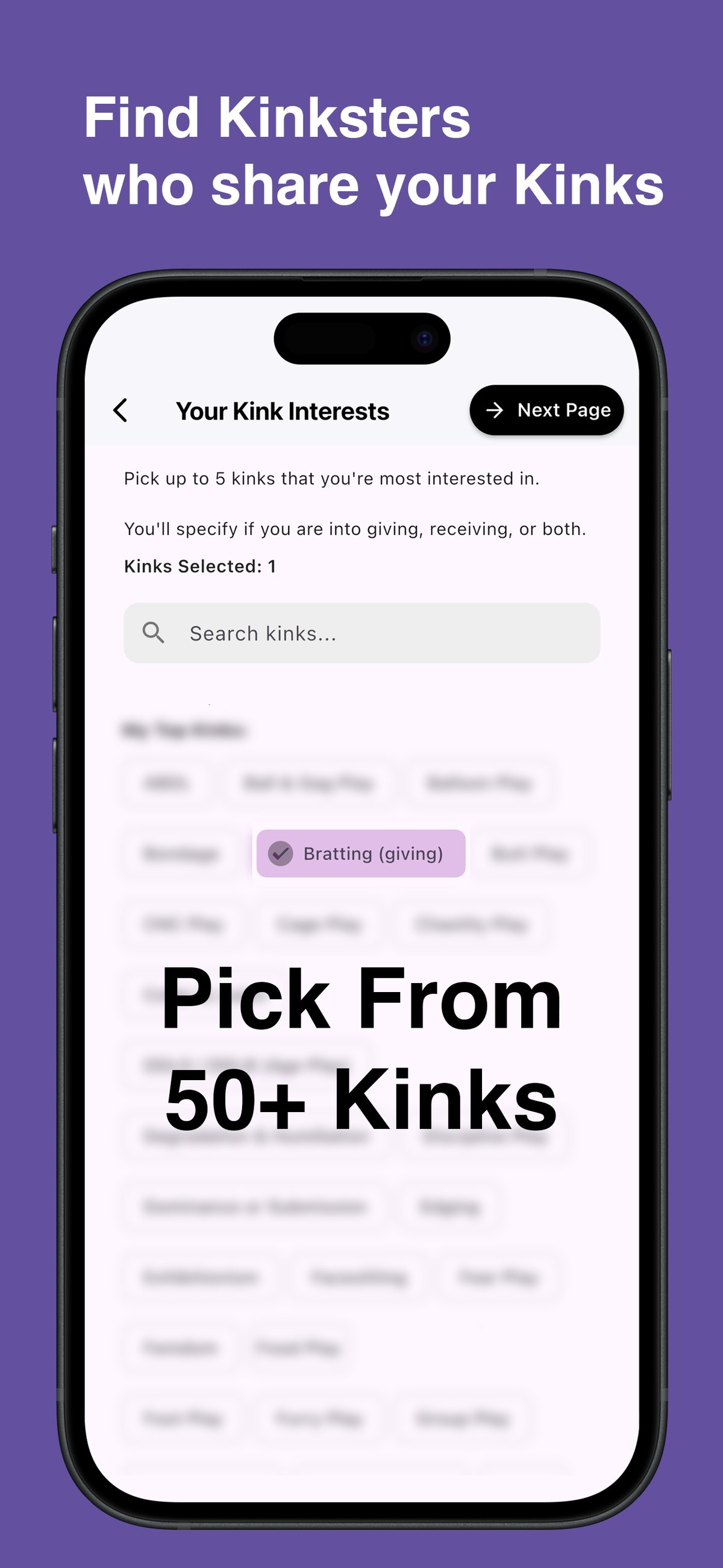 Browse and choose specific kinks in the Kinksy app