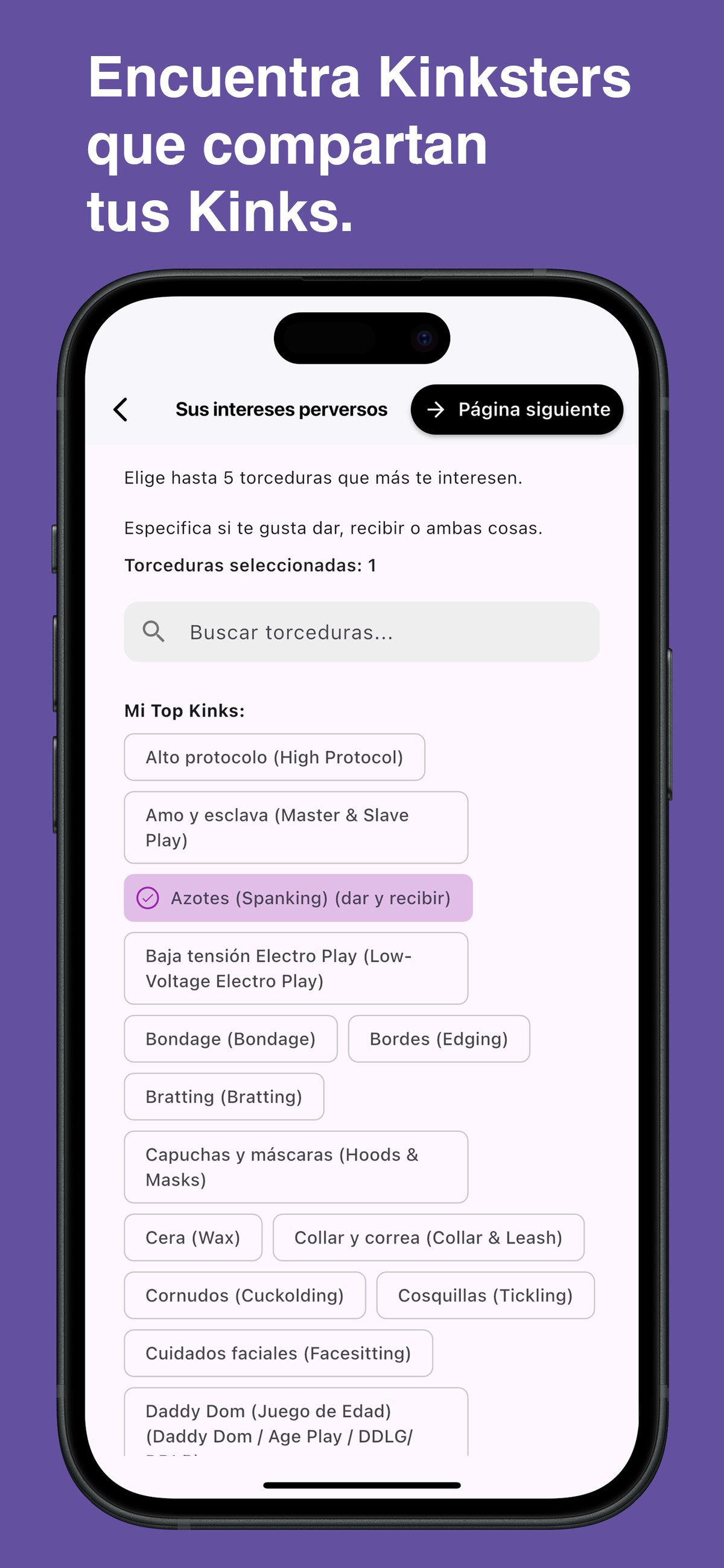 Browse and choose specific kinks in the Kinksy app