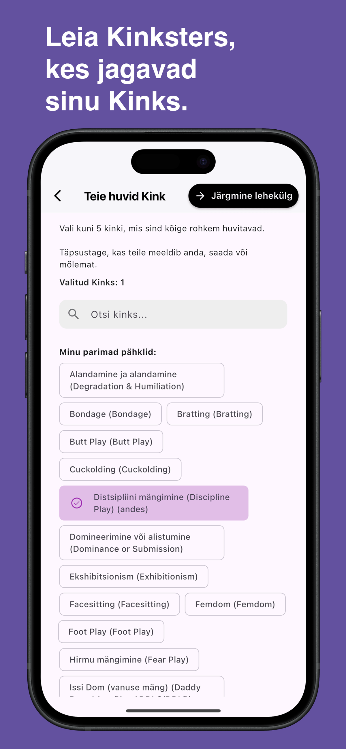 Browse and choose specific kinks in the Kinksy app