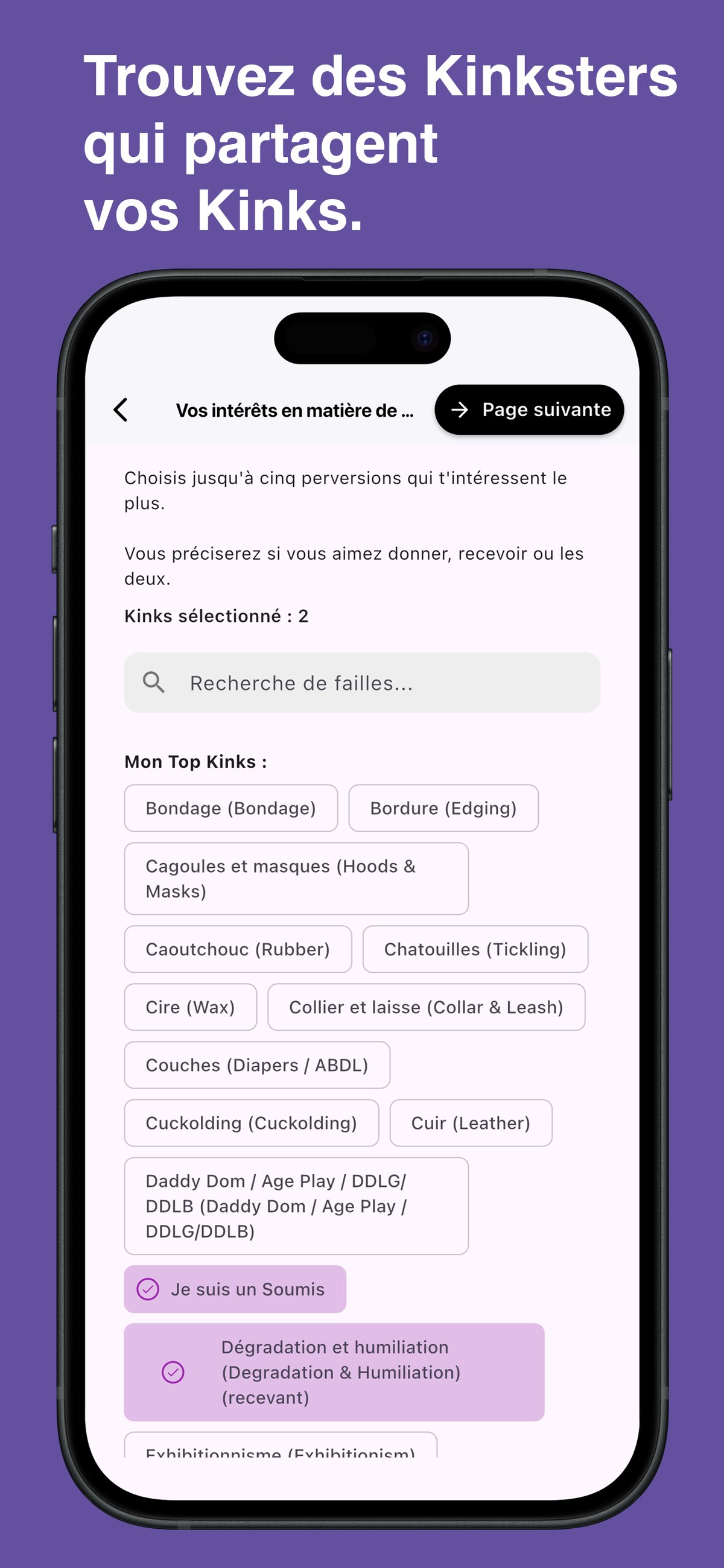 Browse and choose specific kinks in the Kinksy app