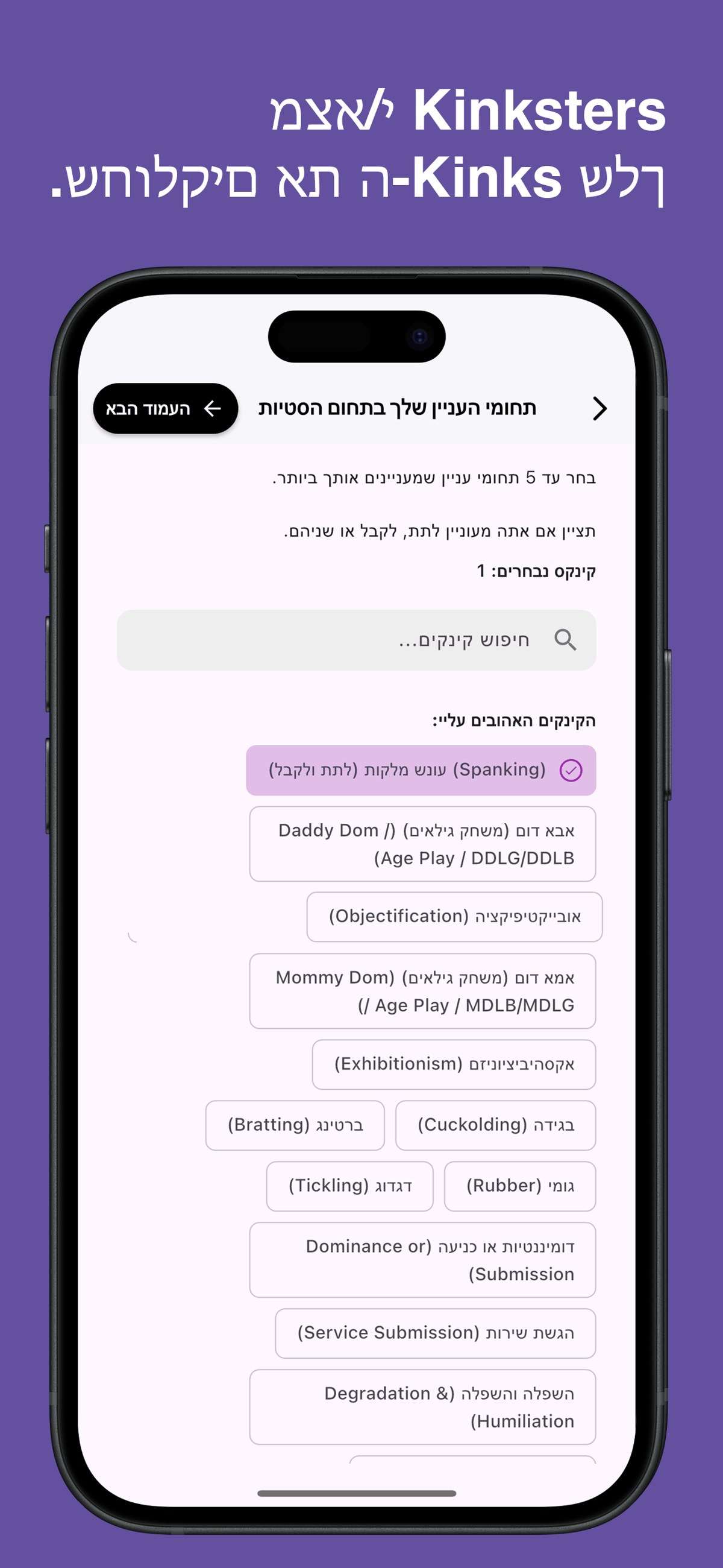 Browse and choose specific kinks in the Kinksy app