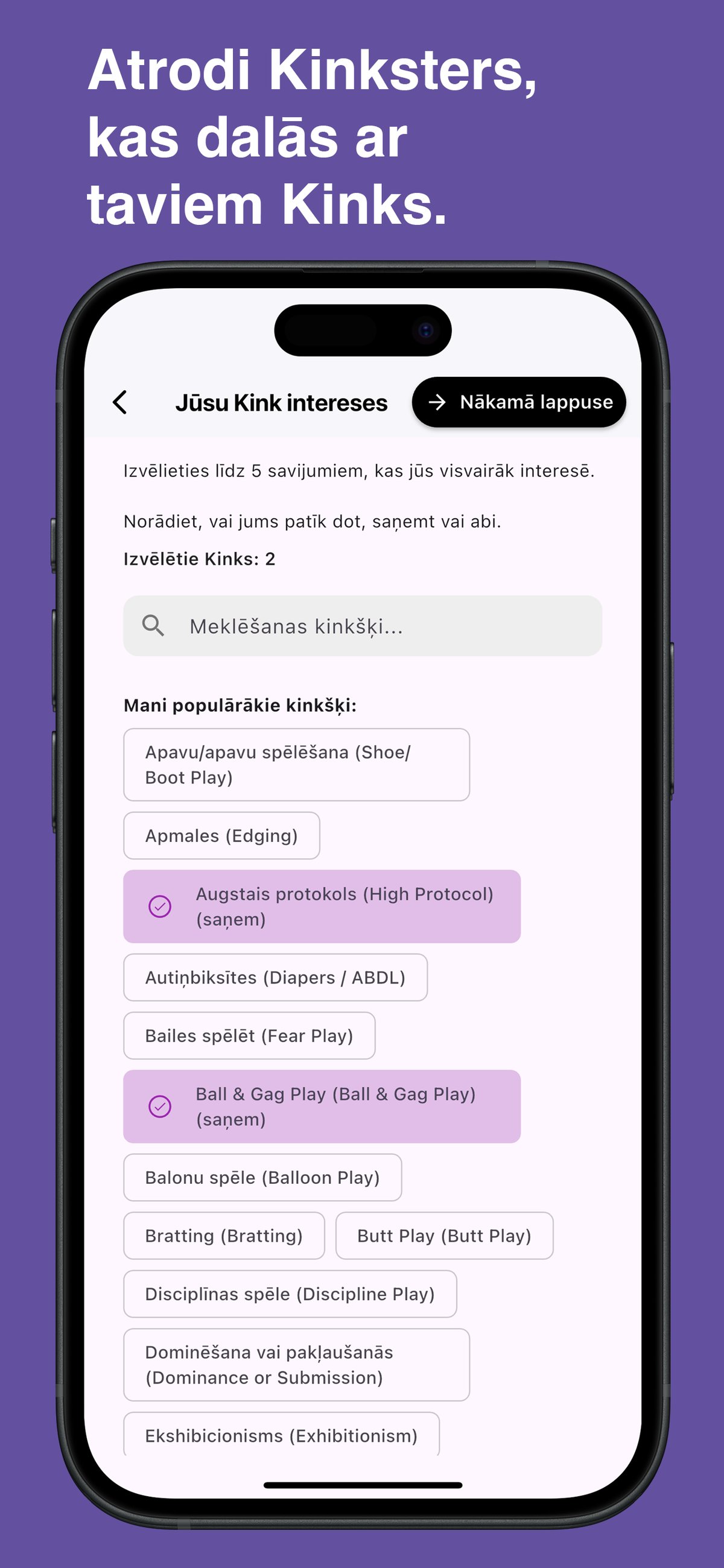 Browse and choose specific kinks in the Kinksy app