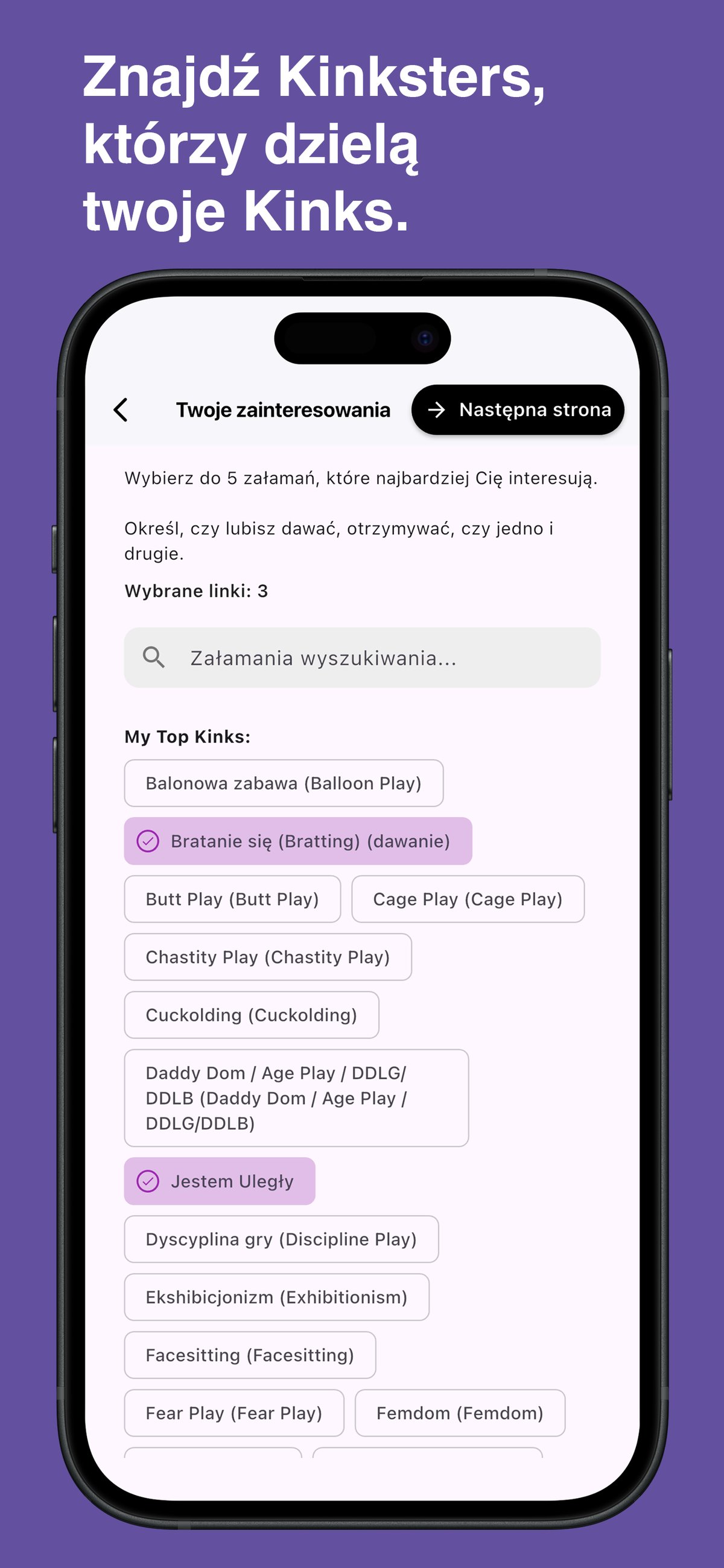 Browse and choose specific kinks in the Kinksy app