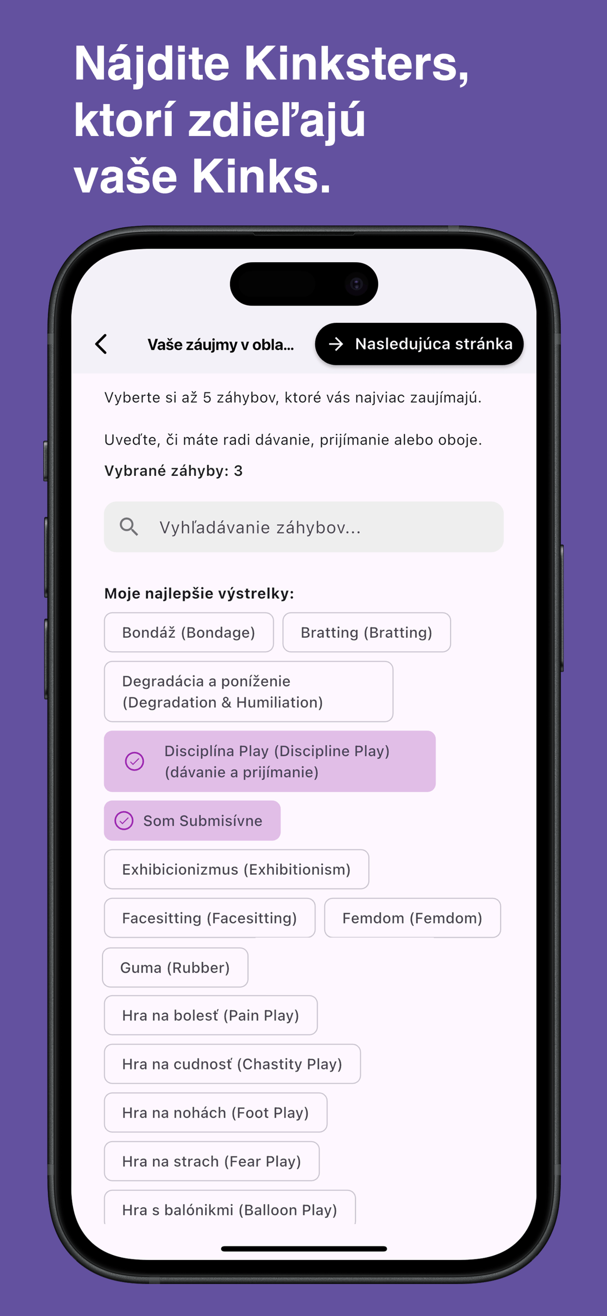 Browse and choose specific kinks in the Kinksy app