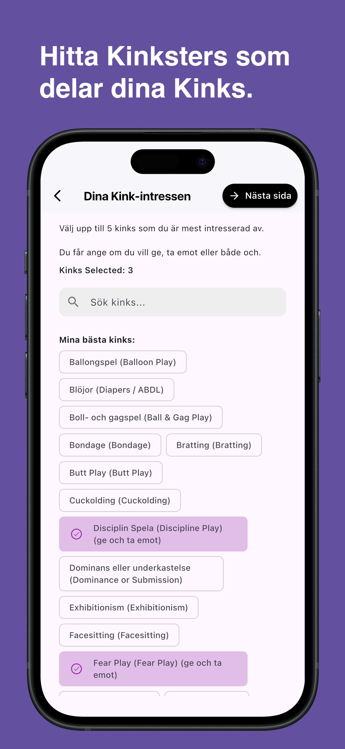 Browse and choose specific kinks in the Kinksy app